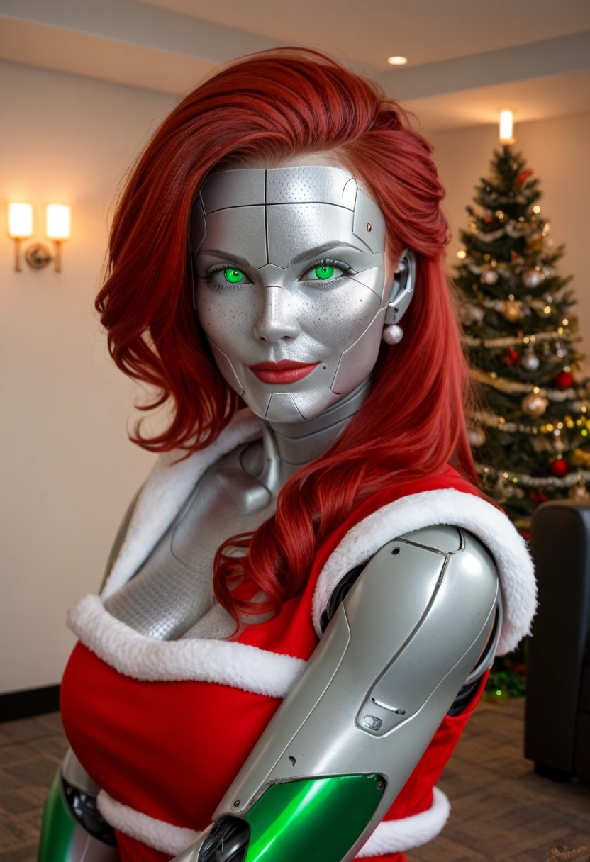 A 35mm photo of a beautiful 30 year old woman, she is a humanoid robot , robotic face , emerald green robotic eyes, freckles, silver grey robotic skin, robotic aerials, red hair, elegant red Christmas satin dress with white fur trim