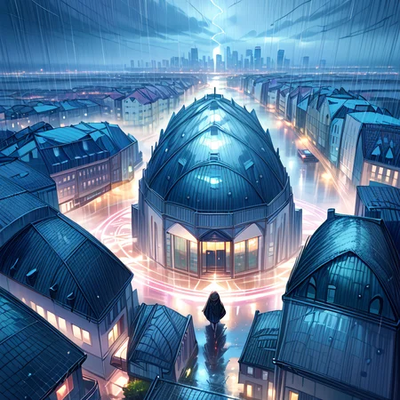 score_9, score_8_up, score_7_up,source_anime, (scenery:1.2), rain, overcast, city lights, cityscape, no humans, magic circle, <lora:Between pencils and semi-realism:1.5> stbedap, dramatic lightning, intricate shadows