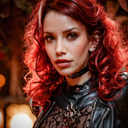 RAW photo, (masterpiece:1.3), subsurface scattering, heavy shadow, (high quality:1.4), (intricate, high detail:1.2), professional photography, HDR, High Dynamic Range, realistic, ultra realistic, photorealistic, high resolution, film photography, ambient lighting, atmospheric effects, <lora:detail_slider_v4:2>, OverallDetail, BiancaB, <lora:BiancaB:1>, intense dark makeup, jewelry, necklace, earrings, curly hair,seductive expression, choker, portrait shot, leather jacket, red blouse, epiCPhoto