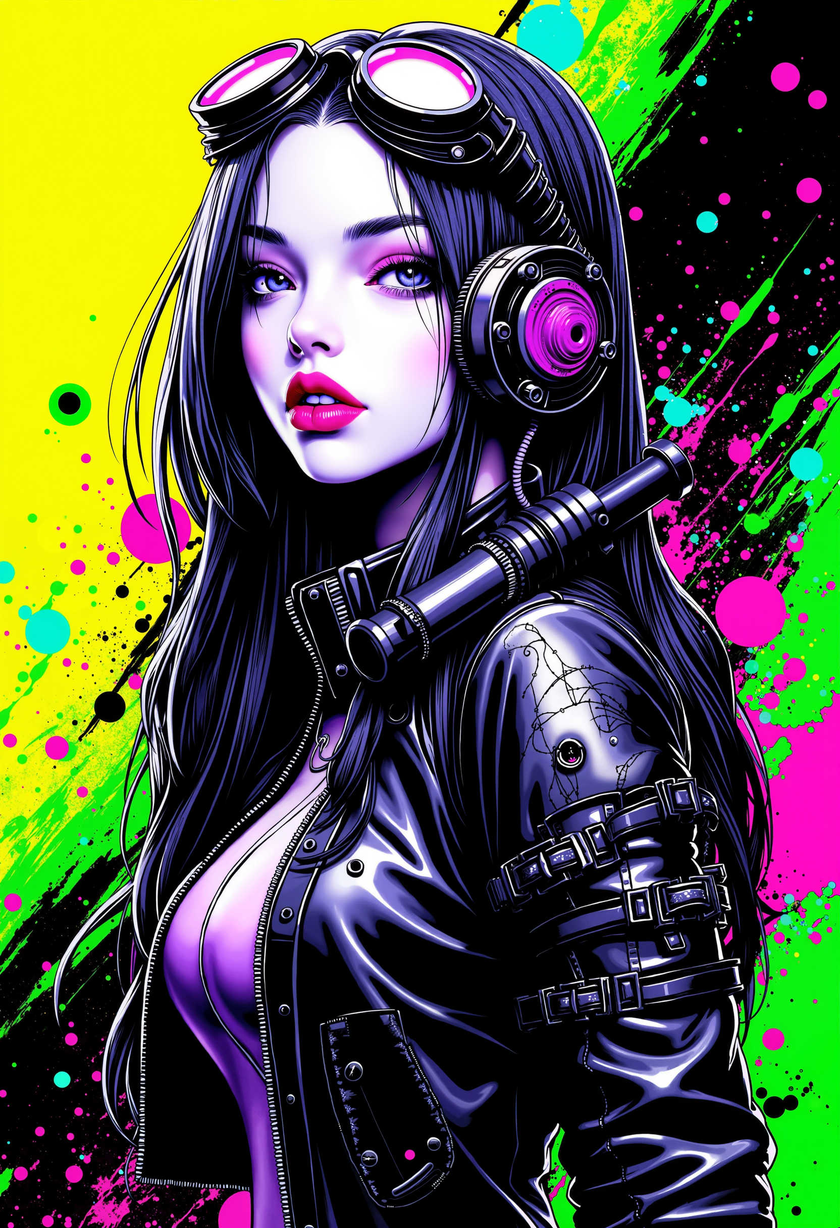 bo-neon, a digital illustration in a vibrant, cyberpunk style, it features a woman with a pale, almost translucent complexion, reminiscent of a futuristic or sci-fi character, she has long, flowing hair that is adorned with intricate, mechanical elements, including a large, circular headpiece and a pair of goggles, her eyes are large and expressive, with a hint of purple, and her lips are full and slightly parted, she is wearing a form-fitting, metallic jacket that appears to be made of a mix of leather and metal, with visible seams and textures, the background is a gradient of bright yellow and black, with splashes of green and blue, creating a chaotic, abstract pattern, the overall color palette is dominated by bold, contrasting hues, with the woman's face and hair standing out against the dark background, the illustration is highly detailed, with sharp lines, splashes, and splatters that create a sense of movement and energy, the style is reminiscent of high-end digital art, blending elements of science fiction and fantasy, high quality, ultra detailed, colorful, abstract, abyss fantasy.<lora:Flux\boFLUX Neon Abyss.safetensors:1.0:1.0>