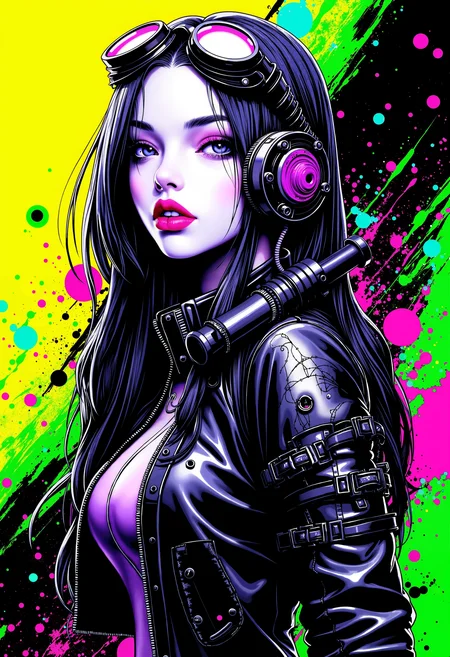 bo-neon, a digital illustration in a vibrant, cyberpunk style, it features a woman with a pale, almost translucent complexion, reminiscent of a futuristic or sci-fi character, she has long, flowing hair that is adorned with intricate, mechanical elements, including a large, circular headpiece and a pair of goggles, her eyes are large and expressive, with a hint of purple, and her lips are full and slightly parted, she is wearing a form-fitting, metallic jacket that appears to be made of a mix of leather and metal, with visible seams and textures, the background is a gradient of bright yellow and black, with splashes of green and blue, creating a chaotic, abstract pattern, the overall color palette is dominated by bold, contrasting hues, with the woman's face and hair standing out against the dark background, the illustration is highly detailed, with sharp lines, splashes, and splatters that create a sense of movement and energy, the style is reminiscent of high-end digital art, blending elements of science fiction and fantasy, high quality, ultra detailed, colorful, abstract, abyss fantasy.<lora:Flux\boFLUX Neon Abyss.safetensors:1.0:1.0>