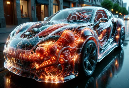 <lora:tranzp:1> tranzp style, motocycle made of transparent shinny glass with guts and alien organs inside, driving a narrow street at night <lora:cyberanatomy:0.8> cyberanatomy, blood, intestines, unidentifiable organs, teeth,