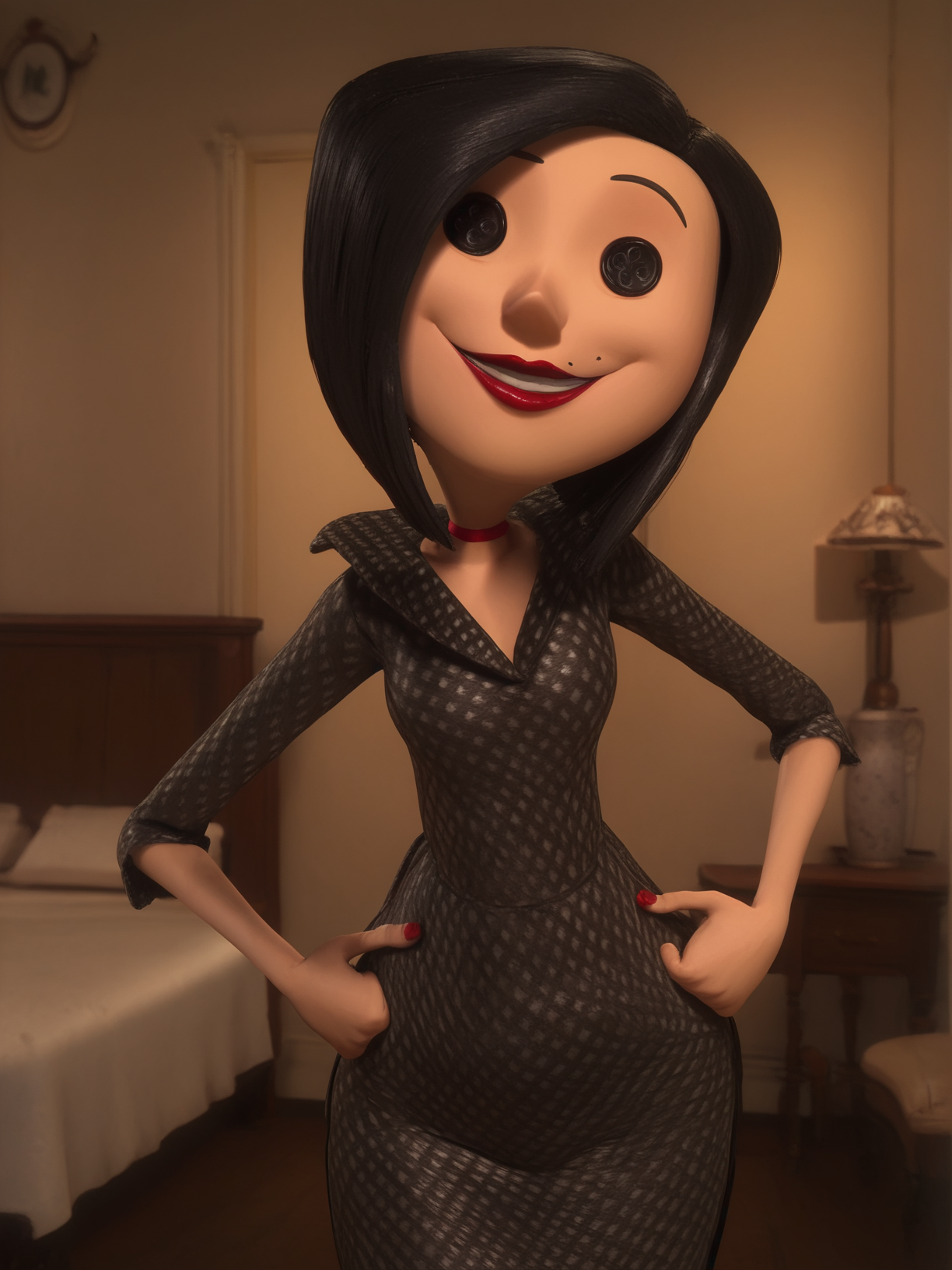 <lora:Other_Mother-Coraline:1>,otm,button eyes,1girl,black hair,mole,mole under mouth,lipstick,mature female,black dress,cowboy shot,hands on own hips,smile,looking at viewer,indoors