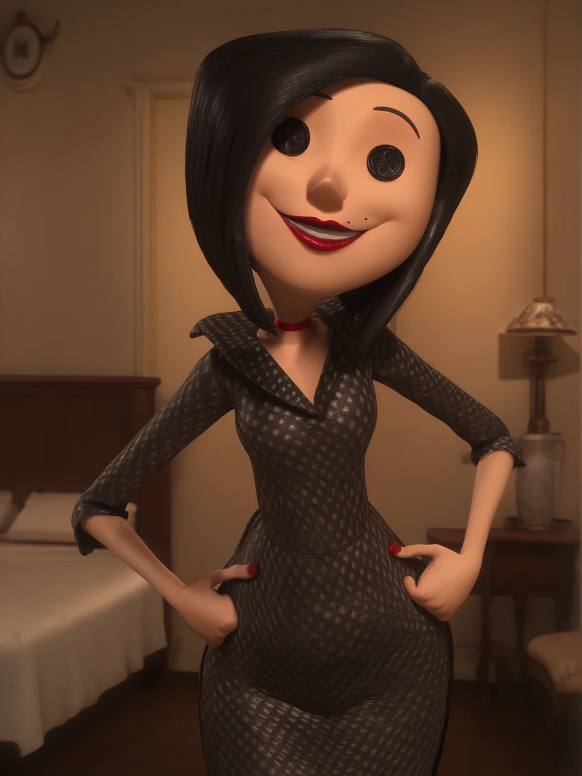 <lora:Other_Mother-Coraline:1>,otm,button eyes,1girl,black hair,mole,mole under mouth,lipstick,mature female,black dress,cowboy shot,hands on own hips,smile,looking at viewer,indoors