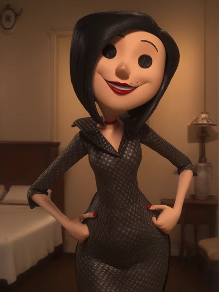 <lora:Other_Mother-Coraline:1>,otm,button eyes,1girl,black hair,mole,mole under mouth,lipstick,mature female,black dress,cowboy shot,hands on own hips,smile,looking at viewer,indoors