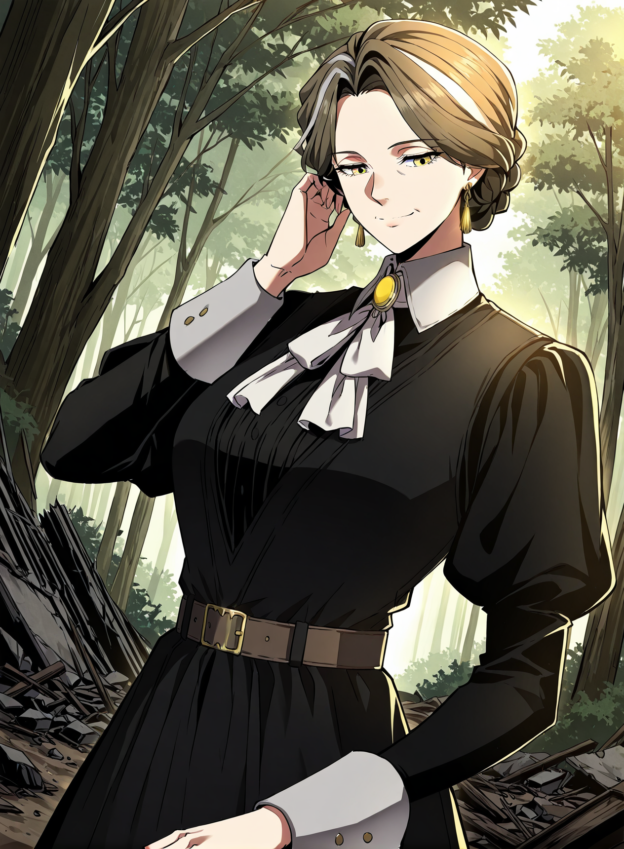 <lora:Wilbeck__The_Beginning_After_the_End__Illustrious:1>
Wilbeck, 1 girl, solo, mature woman, yellow eyes, brown medium hair, silver streaks, side-parted, braided updo,
black victorian dress, white cravat, wide cuffs, waist belt, gold earrings, formal outfit
score_9, score_8_up, score_7_up, very aesthetic, source_anime, detailed, high quality, beautiful, masterpiece, detailed eyes, forest, tree, ruins, cowboy shot, dynamic angle, upper body, light smile, dynamic pose