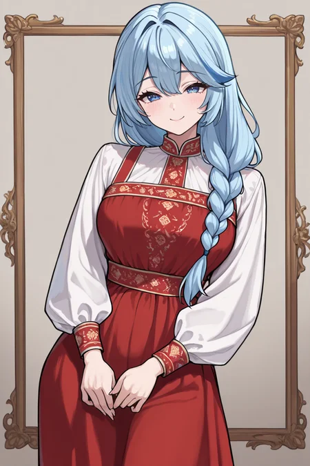 masterpiece, best quality, very aesthetic, newest, absurdres, highres,
1girl, solo,
blue hair, long hair, single braid, looking at viewer, smile,
<lora:SarafanIllustriousV1:1> sarafan, long sleeves, red dress, traditional clothes, white shirt,