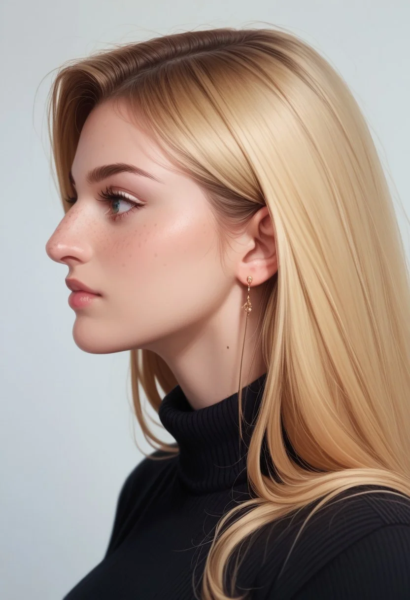Score_9, score_8_up, score_7_up, <lora:Big_Nose_Ladies:.8> bignoselady, large nose, aquiline, 1girl, solo, jewelry, earrings, blonde hair, long hair, sweater, black sweater, freckles, profile