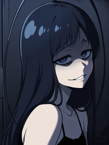 score_9, score_8_up, score_7_up,  
1boy, androgynous, giselle gewelle, blue eyes, black hair, long hair, antenna hair,
black camisole, upper body, looking at viewer, narrowed eyes, shaded eyes, bags under eyes, parted lips, evil smile, 
