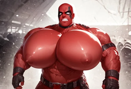 score_9,score_8_up,score_7_up, very detailed, highly detailed texture, (highly detailed face), depth of field, perfect soft lighting, best shadows, perfect reflections, volumetric, detailed image, high resolution, defined faces, sharp definition, bara, big muscles, correct anatomy, detailed eyes, anime, 1boy, male focus, deadpool, mask, red outfit with dark accents, muscular body, enormous pecs, huge pecs, hyper pecs, sudeen pec growth, looking at his pecs, surprised by how big his pecs are, pec focus, front view, dynamic pose, background a high way, broken down cars, breast expansion, multiple views
