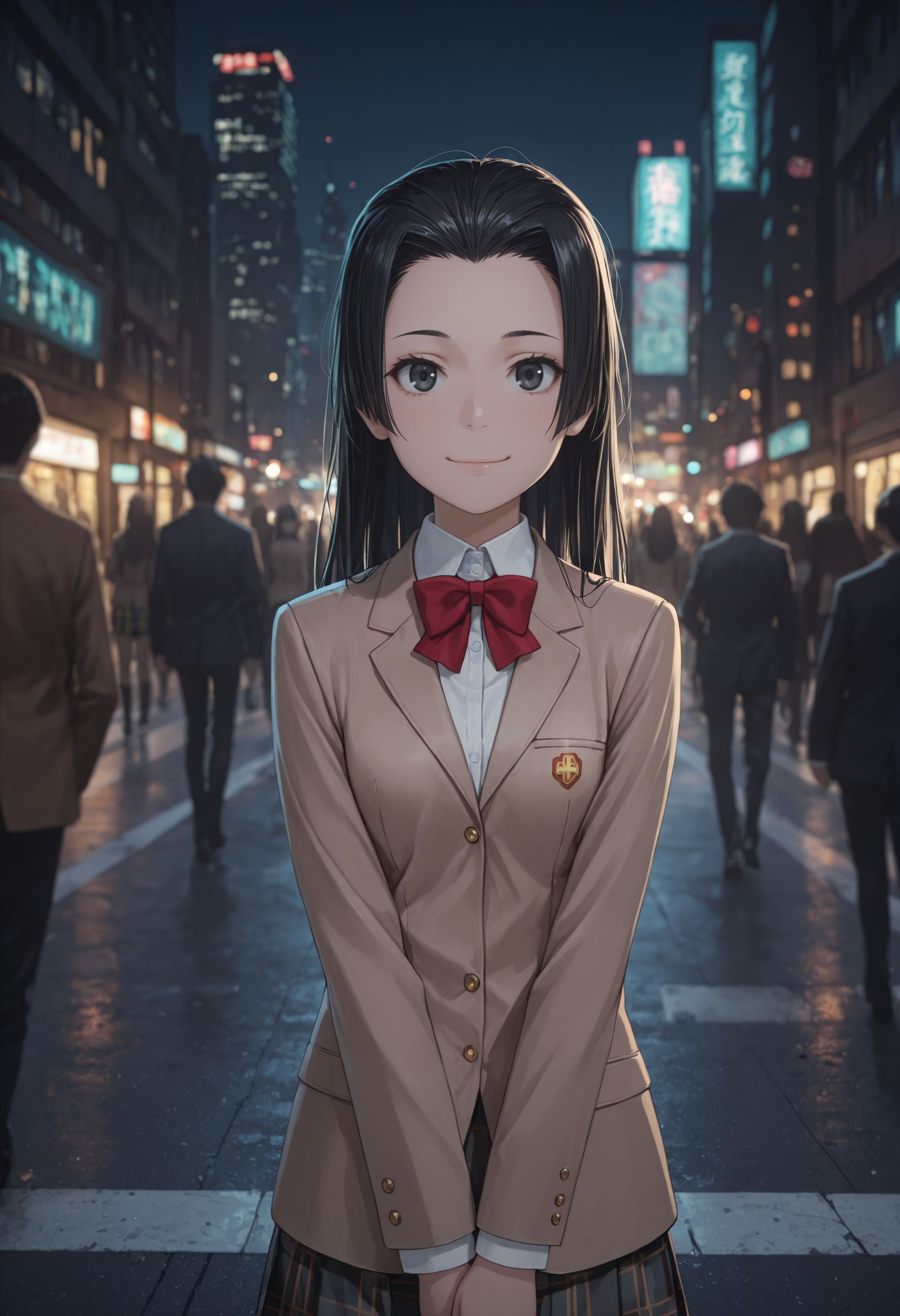 masterpiece,best quality,absurdres,highres,very aesthetic,high quality,detailed,insanely detailed,beautiful,perfect lighting, ,depth of field,blurry background,bokeh, 
 <lora:Kongou Mitsuko illu:1> 1girl, long hair, black hair, black eyes, tokiwadai school uniform, winter uniform, red bowtie, brown jacket, plaid skirt, white shirt, blazer, pleated skirt, closed mouth, collared shirt, long sleeves, miniskirt, dress shirt, , 
outdoors, city, cyberpunk, (v arms), , night, street, skyscraper, people, looking at viewer,, , smile