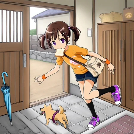 1girl,solo,front door, sliding doors,  indoors,open door, pavement,yanegawara,comouth hold, food, toast in mouth, bag, twintails, toast, dog, umbrella, brown hair, shoes, food in mouth, sneakers, closed umbrella, 1girl, hair ornament, hairclip, kneehighs, shorts, purple eyes, solo, short sleeves, casual, beige shoulder bag, hand on wall, hand on shoes, one feet up, black socks, orange wristband,