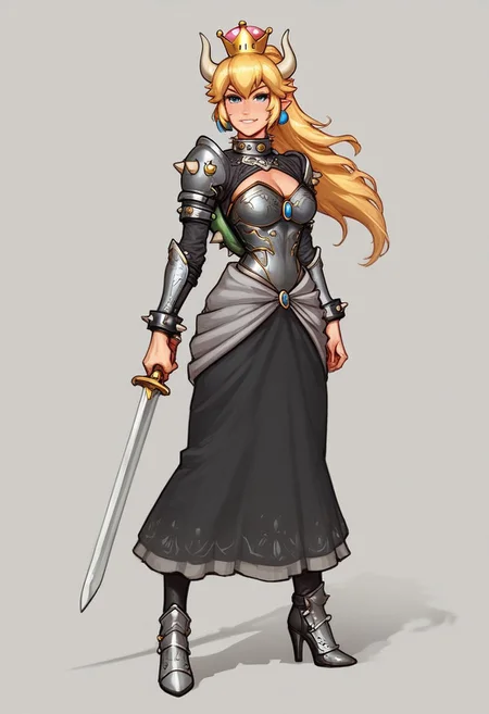 Beauty Bowsette from Super Mario, pale skin, slim stomach, long hair, ultra detailed beauty faces, full body, action pose, big brightness blue eyes,
(((full-clothed medieval spikes armor))), ((long sword in hands, steel sword in hands)), medieval style
BREAK
strange world background score_9, score_8_up, score_7_up, score_6_up, source_cartoon, rating_explicit, Expressiveh, (((((portrait, close up))))), dynamic pose