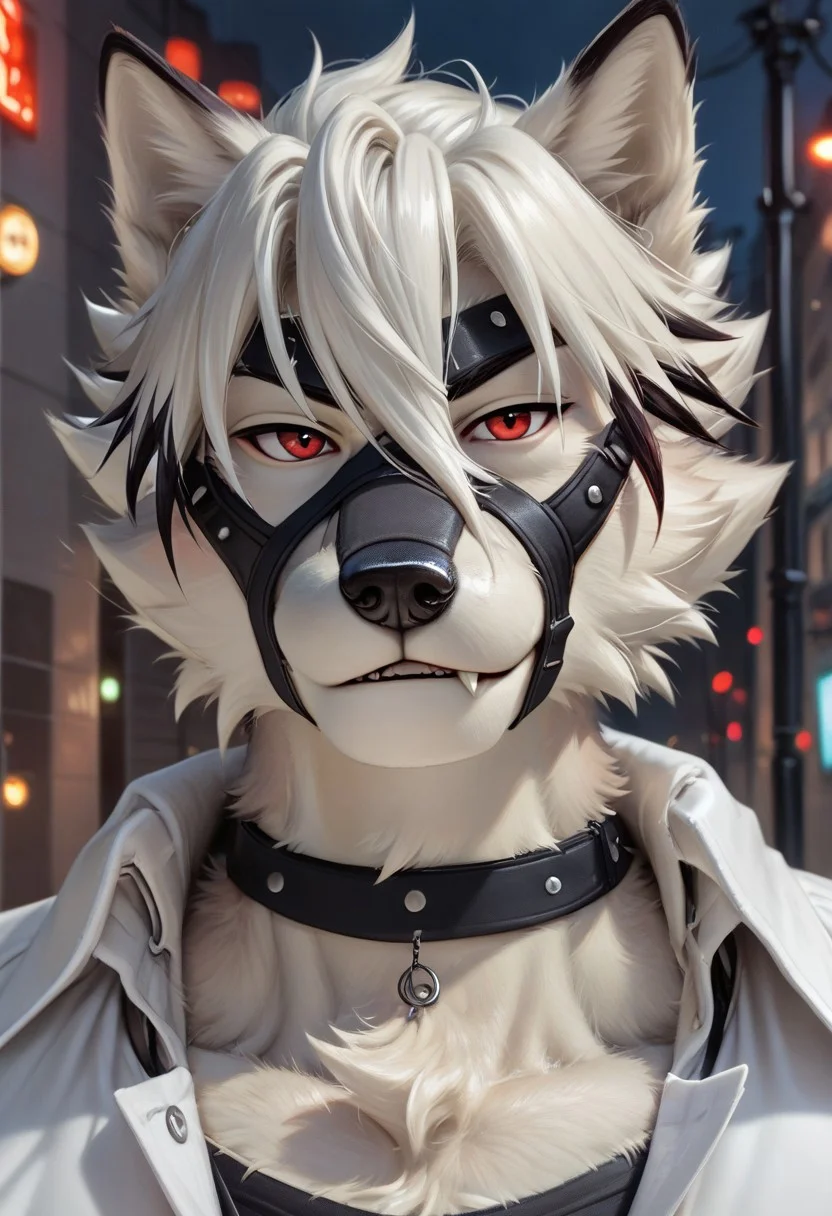 score_9, score_8_up, score_7_up, score_6_up, score_5_up, close up, highly detailed, anthro, 1boy, solo, furry, anthro wolf, male wolf, short fur, furry limbs, detailed canine snout, detailed canine nose muscular, fit body, sexy body, red eyes, beautiful eyes, detailed eyes, perfect hands, seductive pose, looking at viewer, clothed, (city), night, street lights, half body portrait, raw, photo, realistic, von_lycaon, source_von_lycaon, zenless_zen_zero, negative_hand, NegativeDynamics, Von Lycaon, smirking, fangs