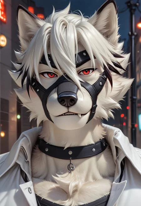 score_9, score_8_up, score_7_up, score_6_up, score_5_up, close up, highly detailed, anthro, 1boy, solo, furry, anthro wolf, male wolf, short fur, furry limbs, detailed canine snout, detailed canine nose muscular, fit body, sexy body, red eyes, beautiful eyes, detailed eyes, perfect hands, seductive pose, looking at viewer, clothed, (city), night, street lights, half body portrait, raw, photo, realistic, von_lycaon, source_von_lycaon, zenless_zen_zero, negative_hand, NegativeDynamics, Von Lycaon, smirking, fangs