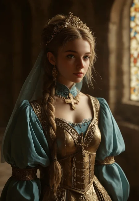 masterpiece,best quality, highly detailed, score_9, score_8_up, score_7_up, score_6_up, score_5_up, score_4_up, Expressiveh,
1woman, female knight standing tall in front of an ancient, grand cathedral. The environment feels medieval and majestic, with weathered stone walls etched with centuries of history. The knight is clad in highly polished, gleaming silver armor with ornate gold trimming along the edges, Her breastplate features a large blue and gold cross, symbolizing her holy order. She wears a royal blue gown with puffed sleeves under her armor, with delicate gold accents and embroidery. Her golden blonde hair is tied into a long braid, with a few strands framing her face. The sunlight casts a faint halo around her, creating a divine aura. The gothic cathedral in the background towers with sharp spires and intricate stonework, its stained glass windows casting faint hues across the stone.
<lora:Dynamic Poses:1>
<lora:detailed_notrigger:1>
(((full clothed))), ((detailed random background))
