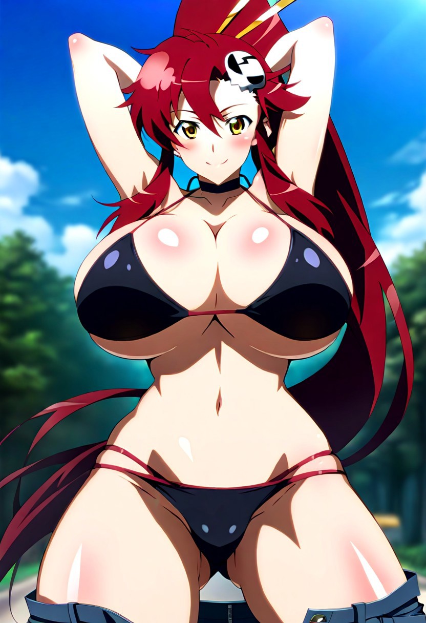 (masterpiece,best quality:1.4),very_aesthetic, best_quality, anime_coloring 
ng_deepnegative_v1_75t, EasyNegativeV2,
smile,outdoor, straight-on, looking at viewer, cowboy shot, 
Yoko,red hair, yellow eyes, huge_breasts, hair_ornament, ponytail,bikini,pants,