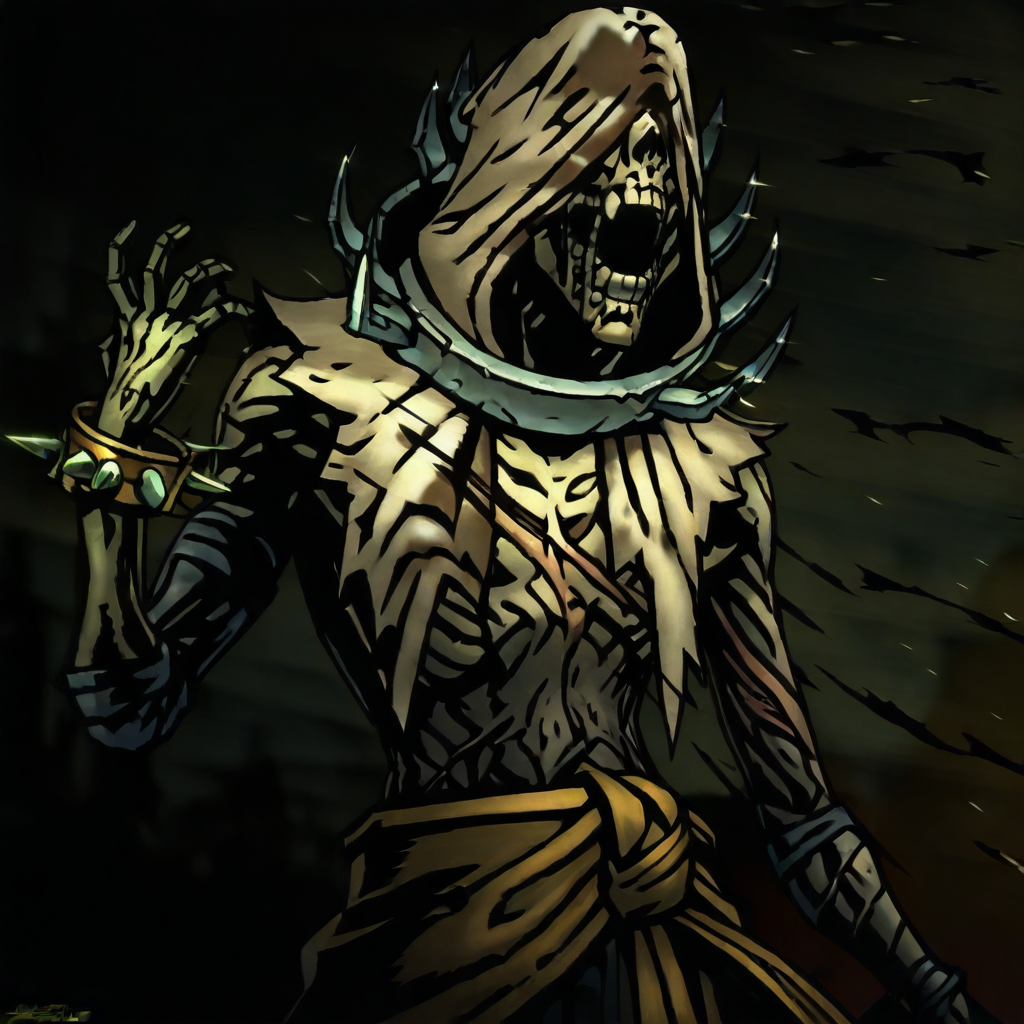 masterpiece, best quality, newest, absurdres, highres, anime, anime style, DDstyle, official style, 1boy, DDFLA-V1.1, collar, spiked collar, hood, scar, sash, spikes, undead, zombie, hood, hood up, teeth, bracelet,
