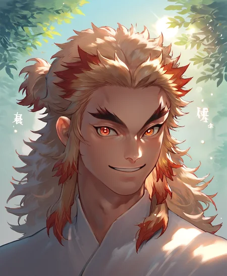rengoku, male focus, manly, portrait, outside, sunlight, smile, looking at you, score_9, score_8_up, score_7_up, score_6_up, score_5_up, score_4_up, source_anime<lora:rengoku46:1> <lora:smooth:1>