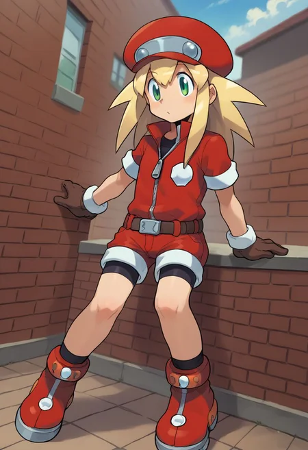 score_9, score_8_up, score_7_up, source_anime, 
ishikawa hideki style, roll caskett (mega man), hair between eyes, bangs, long hair, spiked hair, blonde hair, green eyes, red cabbie hat, brown gloves, short sleeves, brown belt, red bodysuit, zipper, bike shorts under red bodysuit, red boots,