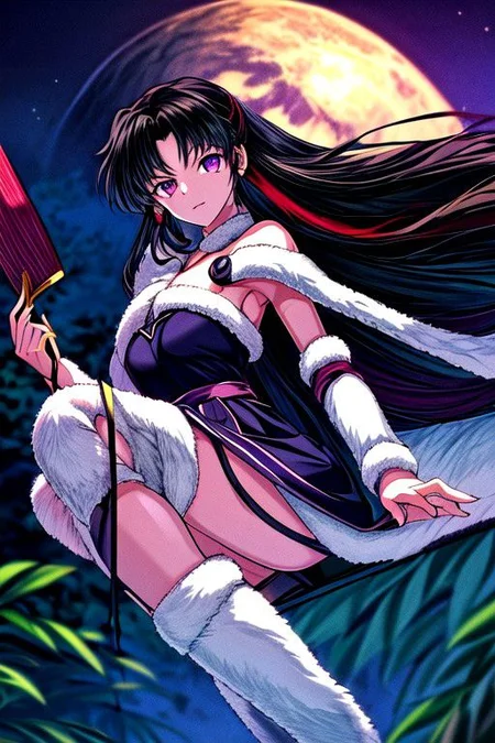 masterpiece, best quality 1girl Setsun4 solo long hair, (night time) forest background black hair very long hair purple eyes multicolored hair armor (fur trim) (medium body),<lora:EMS-179-EMS:0.800000>,<lora:EMS-293862-EMS:0.800000> cleavage, bracers, cape, fur boots
