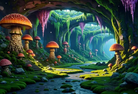 A vivid and fantastic underground realm, a giant system of expensive underground caves connecting to each other via large passage ways. The caves are populated with mushrooms the size of trees. Enormous crystals litter the walls and ceiling emitting a splendid and wonderful variety of colors providing light to a world devoid of sunlight. Stalactites and stalagmites are scattered across the expansive open caves. Moss covers the stony ground offering a gentle surface to tread upon. Small streams feed large ponds and small lakes creating natural reservoirs of water. It is a scene straight out of fantasy, wondrous, magnificent, awe-inspiring, epic the kind of scene people only dream about, made real.