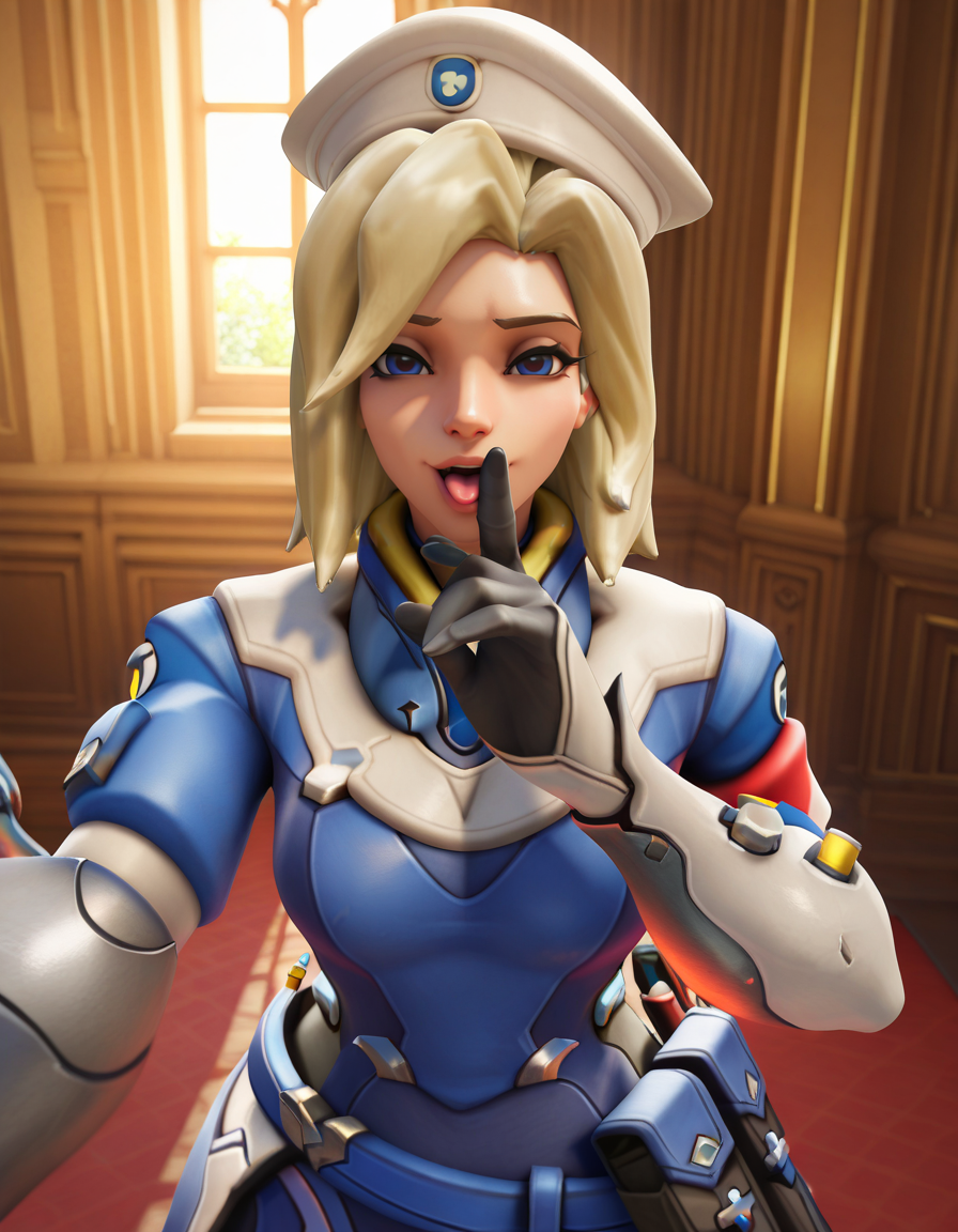 Masterpiece, high-res, 2k, best quality, 3d, solo focus, combatmedic, mercy (overwatch), <lora:Combat_mercy_Illus-000043:1> Elegant Gesture with One Hand Raised: Raise one hand with an elegant gesture as if inviting the viewer into your world exuding sophistication and grace.