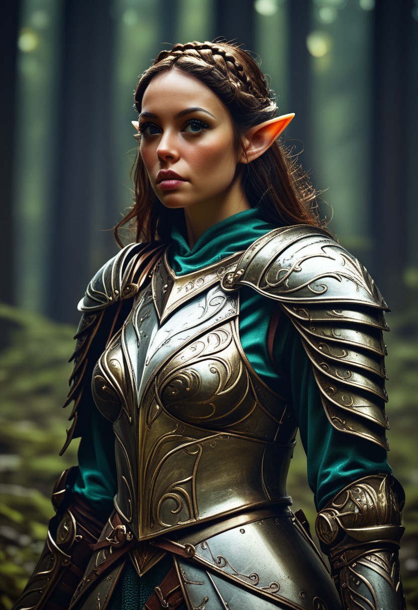 The image is a close-up portrait of a female elf wearing majestic armor and sowrd, princess, forest, fantasy, realistic, detailed