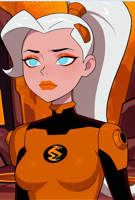 <lora:drewsat-10:1> drewsat, 1girl, long hair, white hair, ponytail, blue eyes, makeup, lipstick, orange bodysuit, eyeshadow, armor, smilem orange background, ((cartoon, screencap, )), masterpiece, best quality, amazing quality, very aesthetic, absurdres, newest,, upper body, halftone effect, white borders, abstract background:1.2,