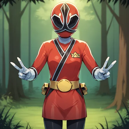 score_9_up, score_8_up, BREAK, RedRangerSamurai, 1girl, solo, helmet, red bodysuit, black legwear, red skirt, white gloves, cowboy shot, double v, <lora:RedRanger_SamuraiRangers_PXL_Leaf2:0.8>, forest,