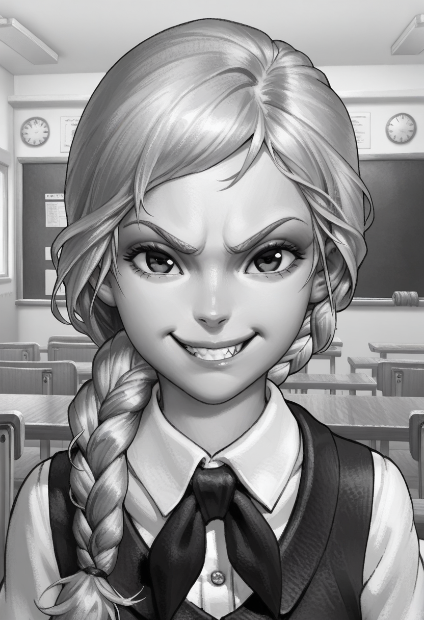 Graphic Design, greyscale, monochrome, intricate details, high contrast, detailed background, beautiful detailed, beautiful face, detailed eyes, detailed face, new, z41ch1k, 1girl, solo, blonde hair, portrait, single braid, school uniform, looking at viewer, smirk, dynamic pose, classroom, (masterpiece, best quality, newest, recent, absurdres), 
