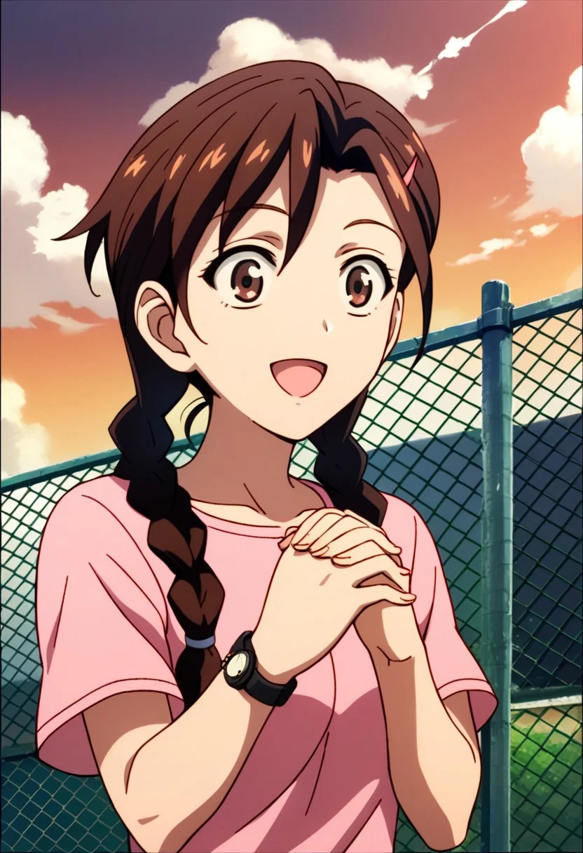 score_9,score_8_up,score_7_up,source_anime, Sakuno Ryuzaki,1girl,solo,long hair,smile,open mouth,shirt,brown hair,hair ornament,twintails,brown eyes,upper body,braid,:d,outdoors,sky,day,hairclip,cloud,twin braids,own hands together,pink shirt,watch,fence,wristwatch,chain-link fence,