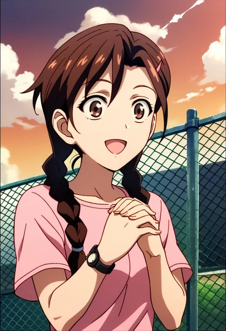 score_9,score_8_up,score_7_up,source_anime, Sakuno Ryuzaki,1girl,solo,long hair,smile,open mouth,shirt,brown hair,hair ornament,twintails,brown eyes,upper body,braid,:d,outdoors,sky,day,hairclip,cloud,twin braids,own hands together,pink shirt,watch,fence,wristwatch,chain-link fence,