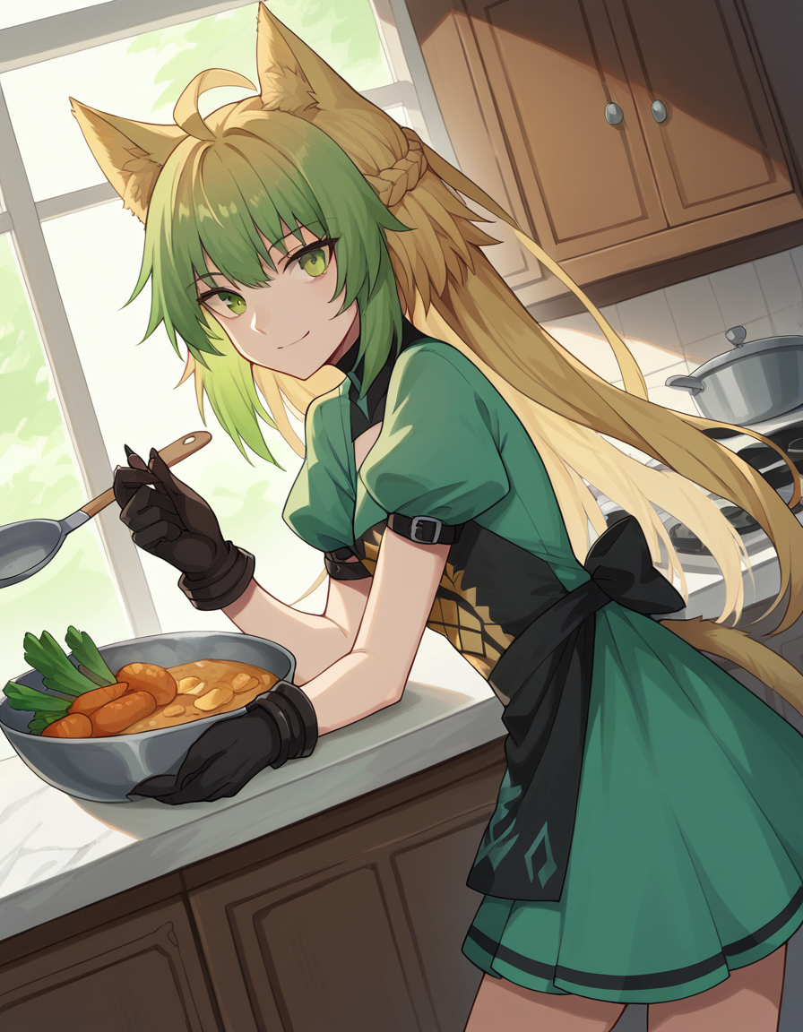 score_9, score_8_up, score_7_up, source_anime, <lora:fgo-atalanta-ponyxl-lora-nochekaiser:1>, atalanta, animal ears, blonde hair, cat ears, cat girl, cat tail, green eyes, green hair, hair between eyes, long hair, multicolored hair, tail,, black gloves, gloves, skirt, dress, green dress, short sleeves, puffy sleeves, juliet sleeves, short skirt, green skirt,, kitchen, cooking, apron, cutting vegetables, home cooking, smile, looking at viewer, arm resting on table, solo,, cowboy shot, dutch angle