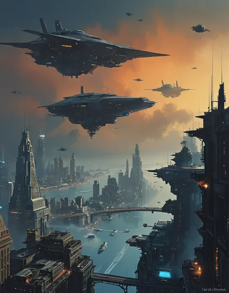 Ship in foreground flying over a futuristic city, panoramic view, (John Harris, John Berkey) night, fog, intricate environment, high contrast, hyperrealistic detail <lora:epi_noiseoffset2:1> <lora:add-detail-xl:1>