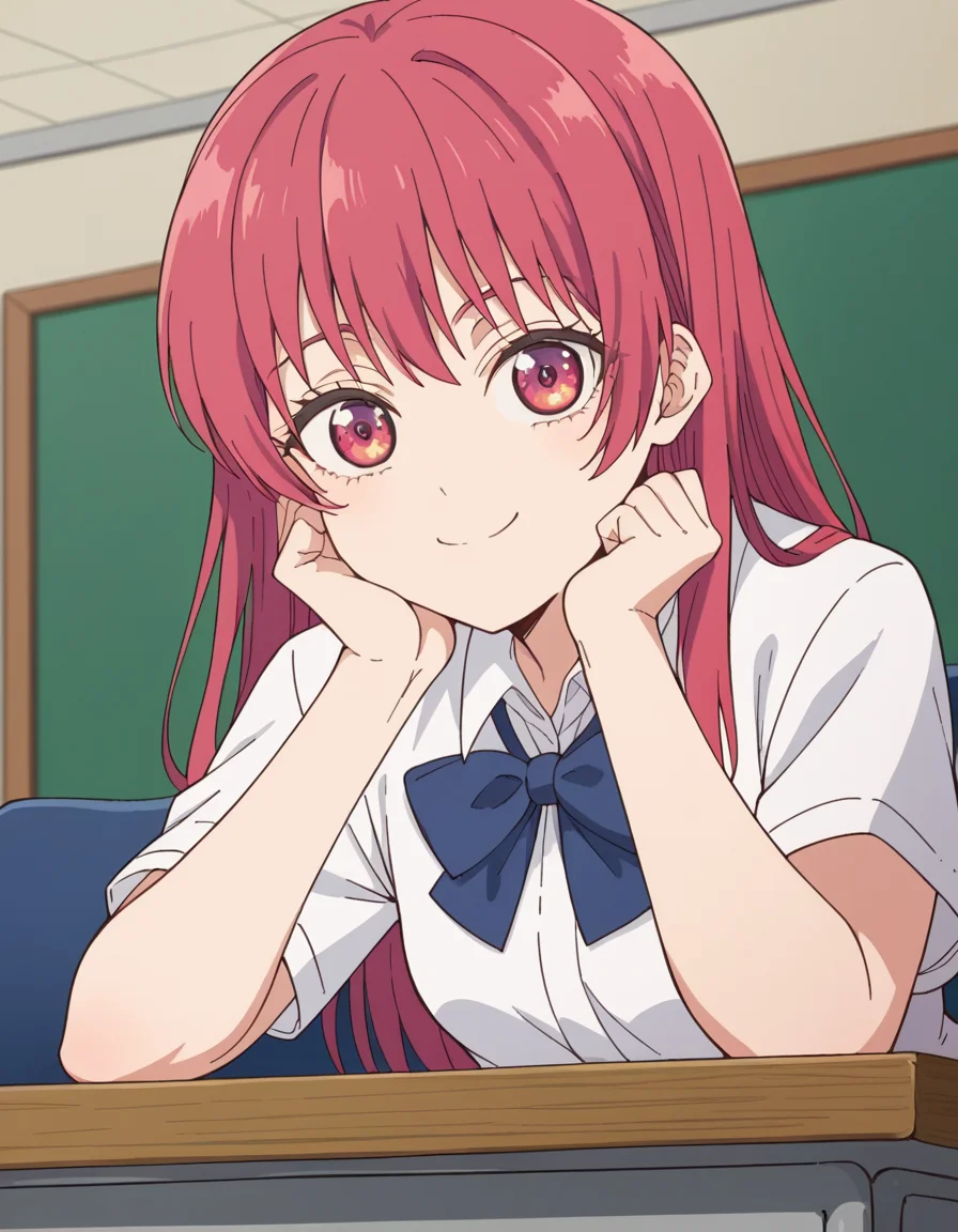 score_9, score_8_up, score_7_up, source_anime, <lora:saki-saki-s2-ponyxl-lora-nochekaiser:1>, saki saki, long hair, bangs, red eyes, red hair,, skirt, shirt, bow, school uniform, white shirt, short sleeves, pleated skirt, bowtie, blue skirt,, indoors, smile, looking at viewer, solo, sitting, head rest, table,, cowboy shot, dutch angle