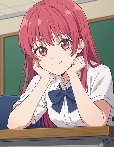 score_9, score_8_up, score_7_up, source_anime, <lora:saki-saki-s2-ponyxl-lora-nochekaiser:1>, saki saki, long hair, bangs, red eyes, red hair,, skirt, shirt, bow, school uniform, white shirt, short sleeves, pleated skirt, bowtie, blue skirt,, indoors, smile, looking at viewer, solo, sitting, head rest, table,, cowboy shot, dutch angle