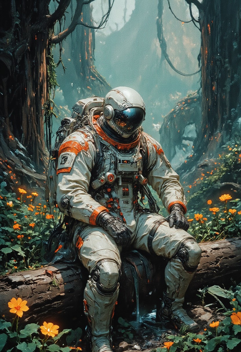 Astronaut in a futuristic orange and white spacesuit sitting on a log in a lush alien forest. The forest is filled with vibrant green plants and glowing yellow flowers, softly illuminated by diffused ambient light. The atmosphere feels peaceful, blending the advanced technology of the astronaut with the untouched beauty of nature. Background trees fade into a subtle mist, adding depth and mystery to the composition
