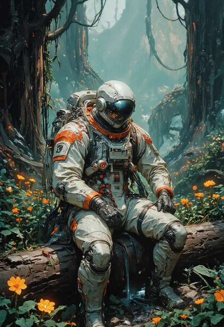 Astronaut in a futuristic orange and white spacesuit sitting on a log in a lush alien forest. The forest is filled with vibrant green plants and glowing yellow flowers, softly illuminated by diffused ambient light. The atmosphere feels peaceful, blending the advanced technology of the astronaut with the untouched beauty of nature. Background trees fade into a subtle mist, adding depth and mystery to the composition