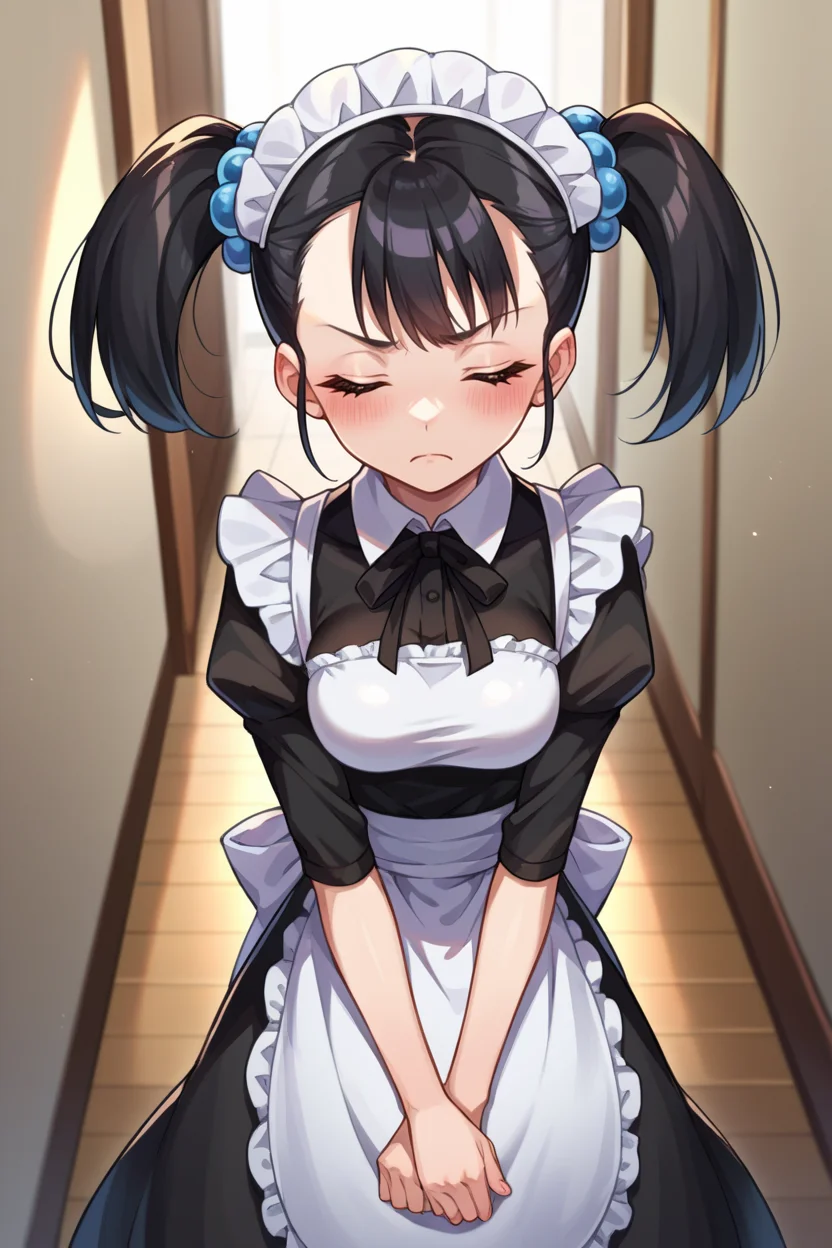 score_9, score_8_up, score_7_up, score_6_up, source_anime, BREAK 1girl, solo, <lora:dq3fighter-pdxl-nvwls-v1-000006:0.9> dq3fighter, black hair, twintails, black eyes, hair ornament, maid headdress, maid dress, apron, looking at you, closed eyes, frown, blush, medium breasts, hallway