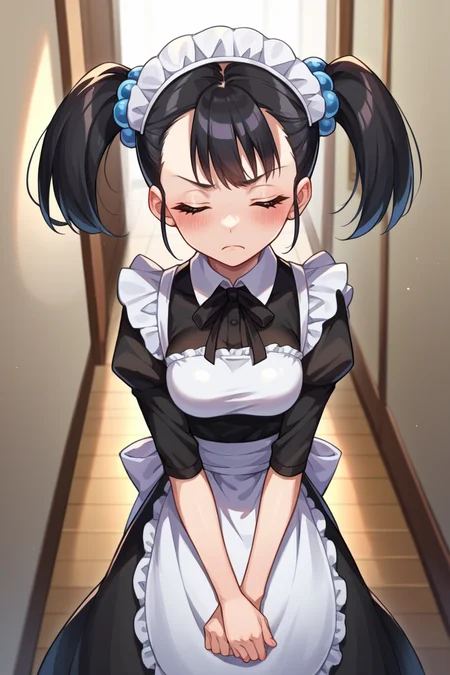 score_9, score_8_up, score_7_up, score_6_up, source_anime, BREAK 1girl, solo, <lora:dq3fighter-pdxl-nvwls-v1-000006:0.9> dq3fighter, black hair, twintails, black eyes, hair ornament, maid headdress, maid dress, apron, looking at you, closed eyes, frown, blush, medium breasts, hallway