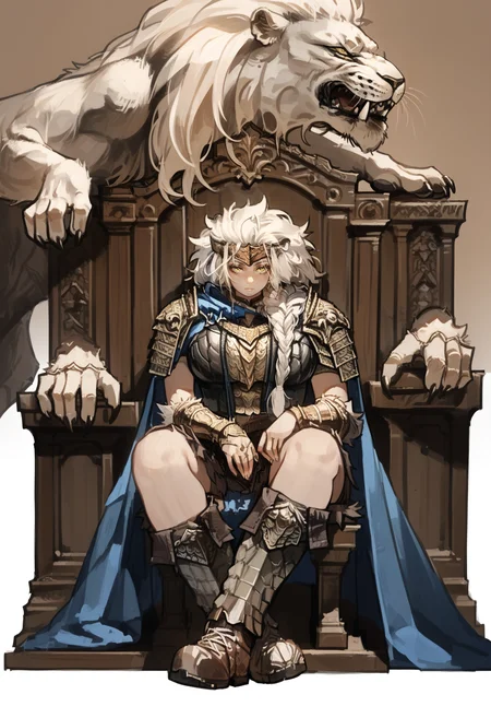 score_9, score_8_up, score_7_up, score_6_up, score_5_up, score_4_up,
<lora:EldenRingV1.1:1> 3ld3n,
1girl, lion, armor, sitting, (genderswap), (mtf), throne, braid, white hair, yellow eyes, shoulder armor, pauldrons, long hair, cape, vambraces, boots, blue cape, pelt, breasts