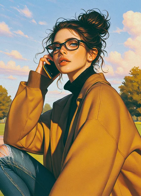 score_9, score_8_up, score_7_up, realistic, 
masterpiece, best quality, amazing quality, highres, absurdres, very aesthetic, very awa,
3l3ganc3, semi-realism, 1girl, solo, phone, freckles, light blue eyes, pants, thick framed glasses, jacket, sweater, torn pants, brown hair, sitting, jeans, looking at viewer, loose hair bun, denim, lips, torn jeans, single hair bun, parted lips, brown jacket, turtleneck, sleeves past wrists,  Park background, morning, cloudy sky, blue sky, Instagram model <lora:ponyv6_noobV1_2_adamW-000017:0.35> <lora:Elegence_Niji:0.9>