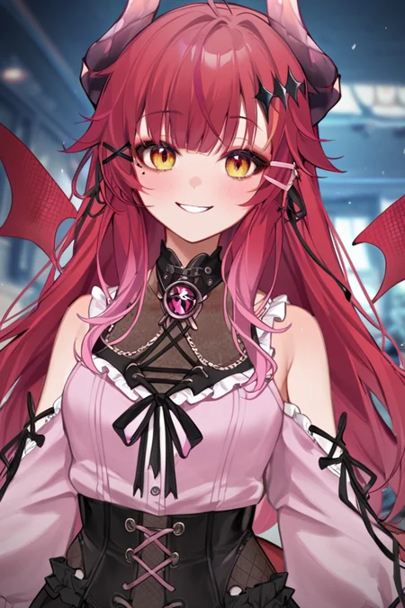 score_9_up, score_8_up, score_7_up, score_6_up, 1girl, (SudaYoruka:1), evil smile, dragon horns, dragon wings, mini wings,
posing, pink shirt,
cowboy shot,
looking_at_viewer, dynamic_angle, dutch angle, cinematic_angle, <lora:SudaYorukaXL_autismmixPony2:1>, masterpiece, newest, absurdres, rating_safe, sfw