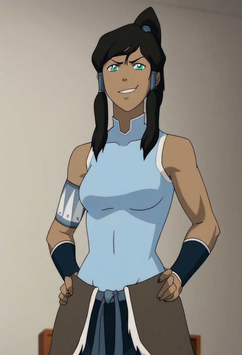cowboy shot, <lora:modern_anime_screencap_v1_0:0.45> anime screencap, (highres, best quality), zPDXL, <lora:Pony_DetailV2.0:0.5> <lora:t10m1n-000031:1> t10m1n, 1girl, dark-skinned female, aqua eyes, sidelocks, hair tubes, high ponytail, notched_collar, female focus, looking at viewer, parted lips, smirk, standing, hand on hip, curvy, breasts, classic_attire, sleeveless, armlet, bracers, waist_pelt, megami monthly magazine, white background,