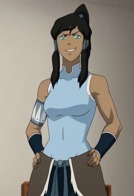 cowboy shot, <lora:modern_anime_screencap_v1_0:0.45> anime screencap, (highres, best quality), zPDXL, <lora:Pony_DetailV2.0:0.5> <lora:t10m1n-000031:1> t10m1n, 1girl, dark-skinned female, aqua eyes, sidelocks, hair tubes, high ponytail, notched_collar, female focus, looking at viewer, parted lips, smirk, standing, hand on hip, curvy, breasts, classic_attire, sleeveless, armlet, bracers, waist_pelt, megami monthly magazine, white background,