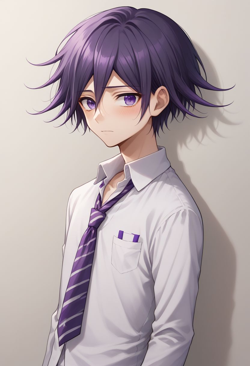 score_9, score_8_up, source_anime, highly detailed, 1boy, solo, skinny, cute, short,
kokichi, male focus, 1boy, solo,  purple eyes, bangs, purple hair, upper body, school uniform, gakuran, shy,
indoor,