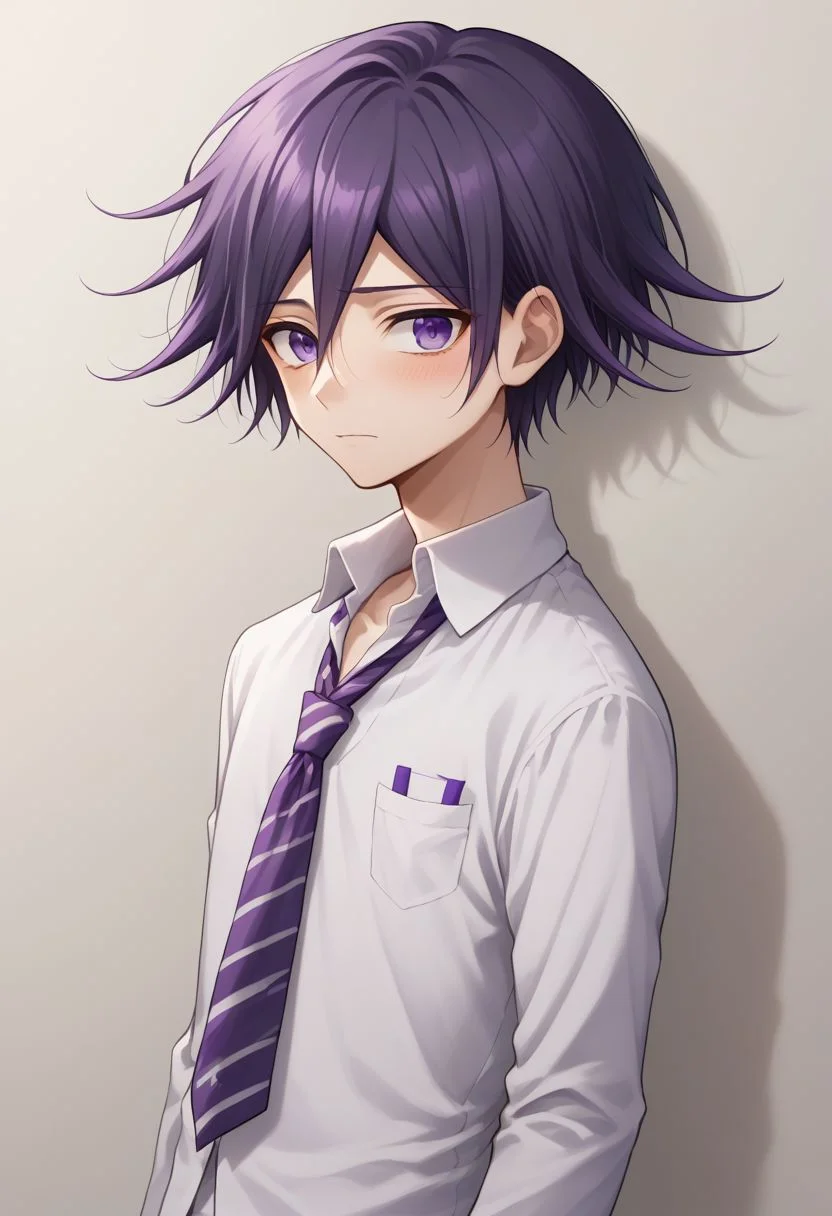 score_9, score_8_up, source_anime, highly detailed, 1boy, solo, skinny, cute, short,
kokichi, male focus, 1boy, solo,  purple eyes, bangs, purple hair, upper body, school uniform, gakuran, shy,
indoor,