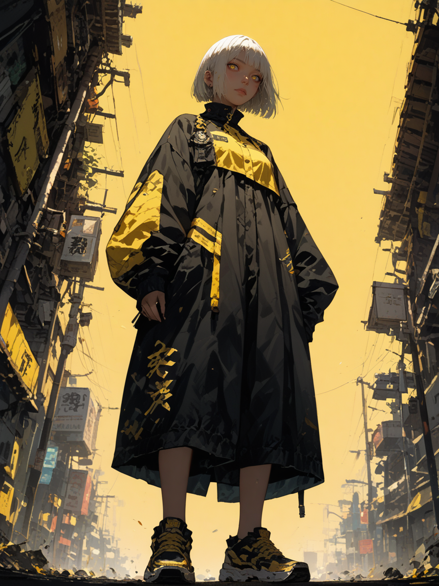 score_9, score_8_up, score_7_up,
illustration-style is yoshitaka amano, digital art.
2.5d,
1girl, 20 years old,
white hair, bob cut.
yellow background,
yellow color grading.
shoot from below, full body,
<lora:Style-Hyper-SDXL-12steps-CFG-lora:0.5>
<lora:add_brightness_XL:0.>
<lora:add_contrast_XL:0.>
<lora:add_outline_XL:0.1>
<lora:add_saturation_XL:0.> 
<lora:Sinozick_Style_XL_Pony:0.4> sinozick style, dark theme 
<lora:MythAnim3Style:0.6> mythan1m3