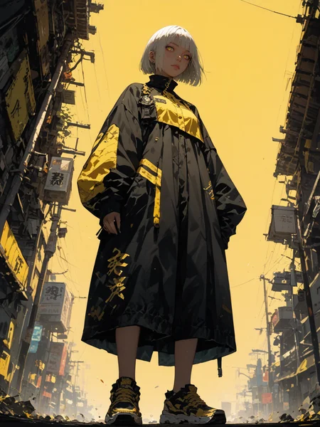 score_9, score_8_up, score_7_up,
illustration-style is yoshitaka amano, digital art.
2.5d,
1girl, 20 years old,
white hair, bob cut.
yellow background,
yellow color grading.
shoot from below, full body,
<lora:Style-Hyper-SDXL-12steps-CFG-lora:0.5>
<lora:add_brightness_XL:0.>
<lora:add_contrast_XL:0.>
<lora:add_outline_XL:0.1>
<lora:add_saturation_XL:0.>
<lora:Sinozick_Style_XL_Pony:0.4> sinozick style, dark theme
<lora:MythAnim3Style:0.6> mythan1m3